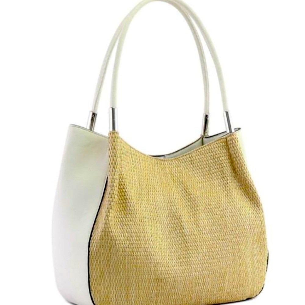 Sold NWOT INC straw weave white satchel tote beach bag with silver hardware